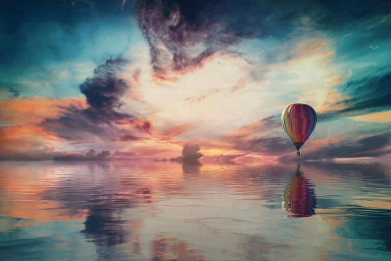 balloon, sea, clouds